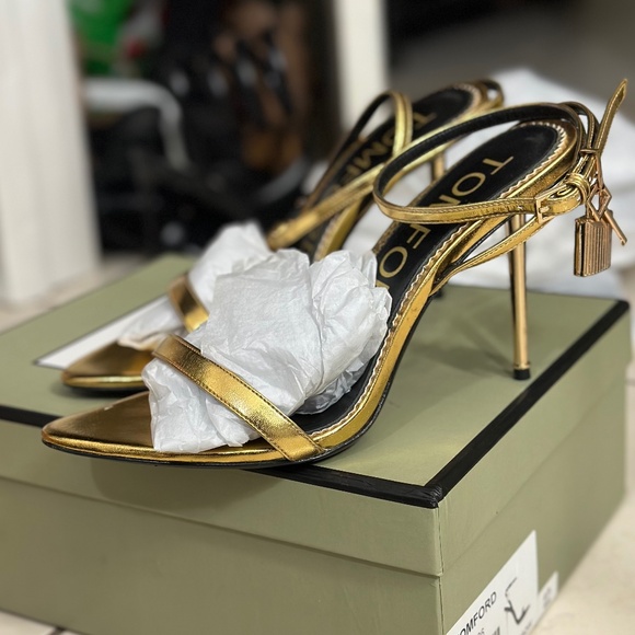 Tom Ford Gold Padlock Heeled Sandals - Picture 1 of 4